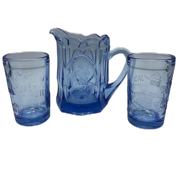 Vintage Tiara Blue Glass Pitcher and 2 Glass Set Jack and Jill Nursery Rhymes - Picture 1 of 16